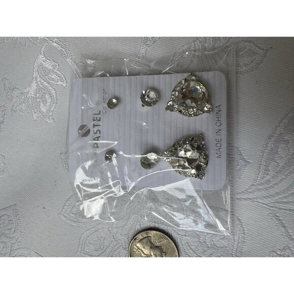 Pastel Rhinestone Silver Tone Dangle Drop CZ Triangle Stud 2 Pair Earrings NEW - Picture 6 of 6